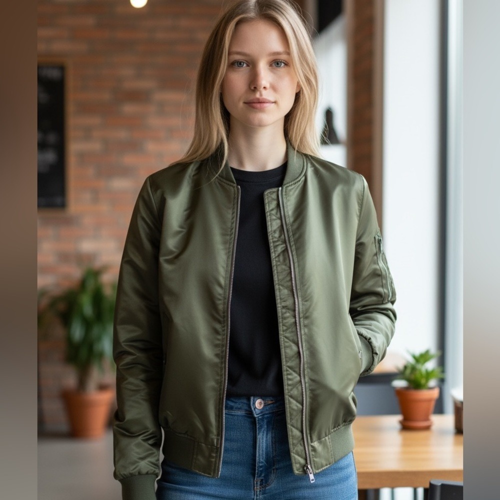 Fu Dianshigu Women XL Olive Green Bomber Long Sleeve Full Zip Pocket Jacket